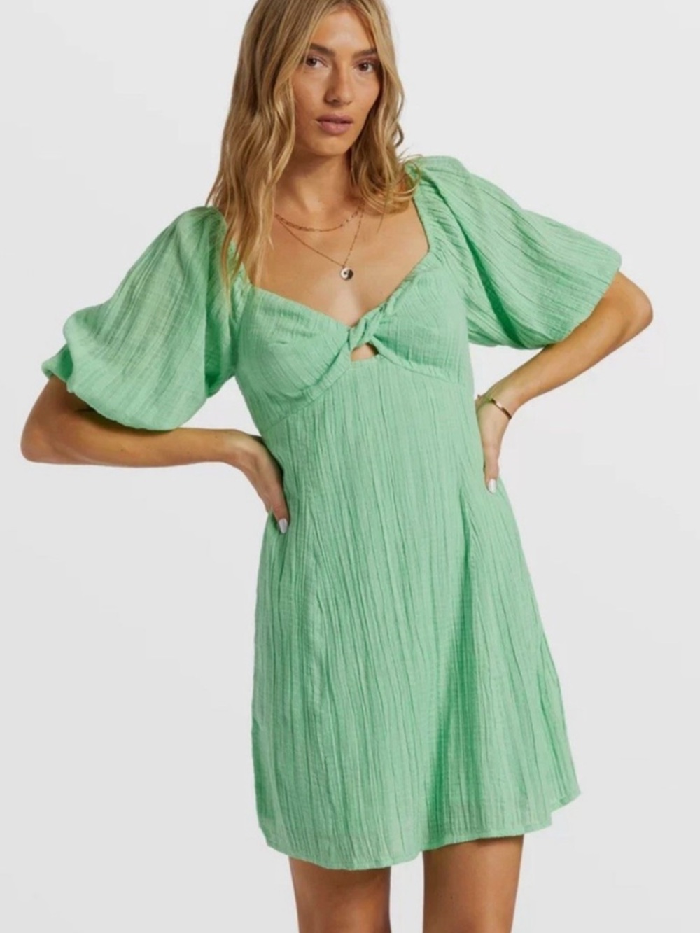 Billabong Green Puff Sleeve Mini Dress with Front Twist